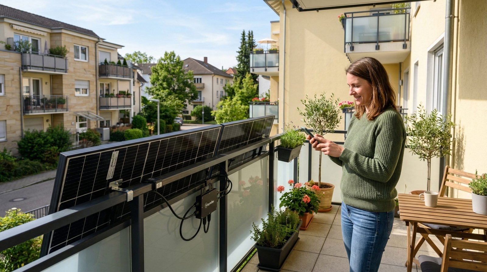 Modernes Balkonkraftwerk mit 2 Modulen und Wechselrichter